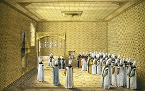 تقديم سفير لدى السلطان في قاعة الالتماسات بقصر توبكابي ، القسطنطينية (ألوان مائية وألوان بدنية مع طباشير وقلم وحبر على ورق)