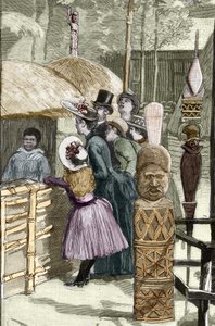 معرض يونيفرسال 1889 - Le Village canaque à l'Esplanade des Invalides (القاناك المعروضة أثناء المعرض: حديقة الحيوانات البشرية) - رسم لويس تينير (1861-1942) - في "Le Monde Illustré" "" بتاريخ 22/7/1889 . بواسطة لويس تينايير