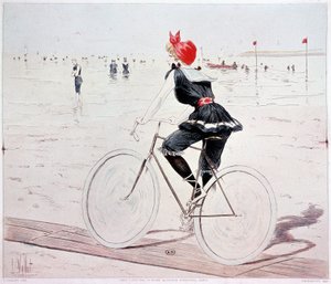 Woman on a bike on the beach - drawing by L. Vallet بواسطة لويس فاليه