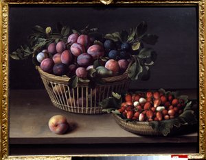 خوخ وفراولة وسلة من الفاكهة لوحة لويز مويلون (1610-1696) من القرن السابع عشر تولوز ، متحف أوجستين