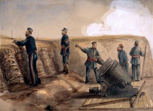 هاون 13 بوصة من المدفعية الملكية في العمل ، 1855 (مرحاض فوق قلم رصاص على ورق) بواسطة الملازم هنري جيمس ألدرسون