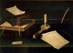 الحياة الساكنة للكتب والريش والحروف والرسم بالشموع بواسطة لوبين باوجين (1610-1663) من القرن السابع عشر روما غاليريا سبادا