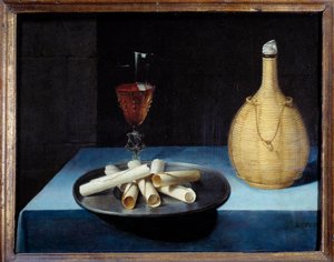 The still life wafer dessert of biscuits, wine bottle and glass. Painting by Lubin Baugin (1612-1663) 17th century Sun. 0,41x0,52 m .