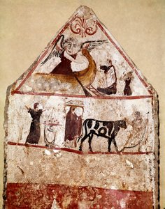 A bull leads on the altar of the sacrifice Lucanian fresco from the 4th century BC, from the necropolis of Andriuolo in Paestum, Italy. Museo nazionale archeologico, Paestum بواسطة مدرسة Lucanian