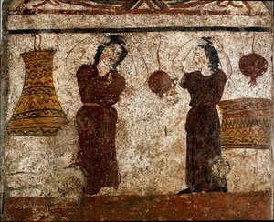 مجموعة من الراقصين خلال طقوس جنائزية Lucanian جدارية من القرن الرابع قبل الميلاد ، من مقبرة Paestum ، إيطاليا. Museo nazionale archeologico، Paestum بواسطة مدرسة Lucanian