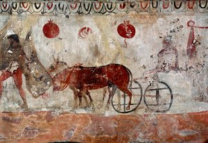 A herd keeper and two donkeys Lucanian fresco from the 4th century BC, from the necropolis of Paestum, Italy. Museo nazionale archeologico, Paestum بواسطة مدرسة Lucanian