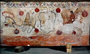متسابق وعناصر مختلفة من درعه Lucanian جدارية من القرن الرابع قبل الميلاد ، من مقبرة Paestum ، إيطاليا. Museo nazionale archeologico، Paestum بواسطة مدرسة Lucanian