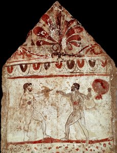 رياضيان يلعبان pugilat (الملاكمة) جصية Lucanian من القرن الرابع قبل الميلاد ، من مقبرة Paestum ، إيطاليا. Museo nazionale archeologico، Paestum بواسطة مدرسة Lucanian