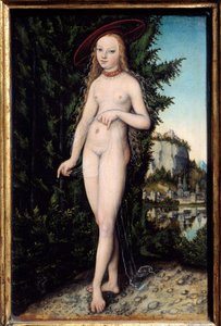 فينوس واقفة في رسم المناظر الطبيعية للوكاس كراناش الأكبر (1472-1553) 1529 ، زيت على خشب ، خافت. 0،38 × 0،25 م - كوكب الزهرة يقف في منظر طبيعي. لوحة لوكاس كراناش الأكبر (1472-1553)