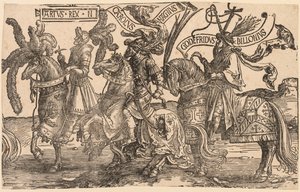الأبطال التسعة: آرثر ، شارل شارلمان العظيم ، Godfrey of Bouillon ، 1515-1517. بواسطة لوكاس فان ليدن