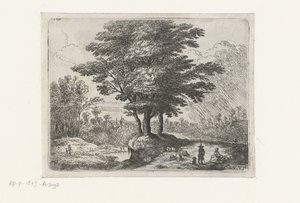 ثلاث شجرات وراعي مع غنم وكلب المناظر الطبيعية الصغيرة (عنوان السلسلة)