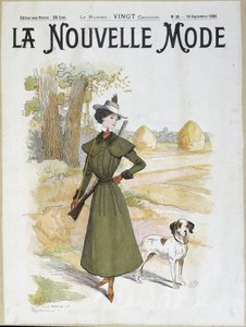 امرأة في ملابس الصيد ترتدي بندقية - في "" La Nouvelle Mode "من سبتمبر 1898 بواسطة لوسيان ميتيفيت