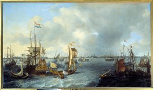 منظر لميناء أمستردام من لوحة Ij بواسطة Ludolf Backhuyzen (1631-1708) 1666 Sun. 1،28x2،21 م بواسطة لودولف الأول باكهوزين