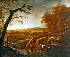الصيادون في راحة مع حصان وكلاب بجانب جدول ، حوالي عام 1650 (زيت على لوح)