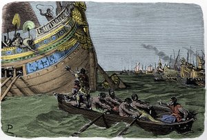 مارك أنطوان (83-30 قبل الميلاد) ينضم إلى كليوباتري (51-30 قبل الميلاد) في رحلة بعد الهزيمة في معركة أكتيوم في 2/09/31 قبل الميلاد ، رسم لودوفيكو بوجلياجي من "Storia d