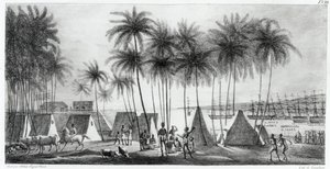 ميناء هانارورو في جزر ساندويتش ، من "فوياج بيتوريسك حول العالم" ، منقوش بجي لانجلوم (fl.1822-40) 1822 بواسطة لودفيج شوريس