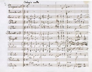 صفحة الموسيقى النوتة من Symphony n. المركز الأول في لغة سي الرئيسية للمؤلف الموسيقي الألماني لودفيج فان بيتهوفن (1770-1827) (1799-1800) ميلانو بيبليوتيكا ديل كونسيرفاتوريو