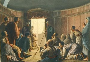 مدخل كنيسة القيامة ، من "مناظر في فلسطين" ، طبعت لندن 1804 (لون ليثو) بواسطة لويجي (بعد) ماير