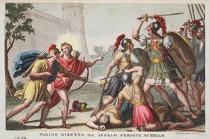 باريس يقتل أخيل أو Paride diretto da Apollo Ferince Achille ، الكتاب الثالث عشر ، رسم توضيحي من تحولات أوفيد ، فلورنسا ، 1832 (نقش يدوي)