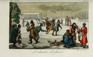 مزلجة التزلج. رسم توضيحي من العرف القديم والحديث أو تاريخ الحكومة بقلم جوليو فيراريو ، 1831