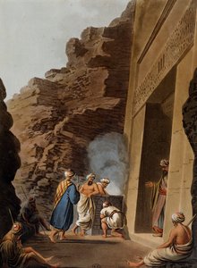 مدخل حجرة الدفن في تمثال أبو الهول بالجيزة ، نقش ، بواسطة لويجي ماير (1755-كاليفورنيا 1803) ، من مناظر في مصر وفلسطين وأجزاء أخرى من الإمبراطورية العثمانية بواسطة لويجي ماير