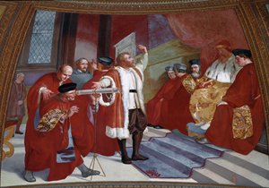 Galilee dit Galileo Galilei (1564-1642) in the presence of the Doge. The scientist presents the telescope at the Venice Senate in the bell tower of St. Mark