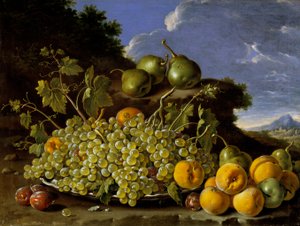 الحياة الساكنة مع لوحة من العنب والخوخ والكمثرى والبرقوق في المناظر الطبيعية ، ج 1771