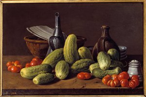 باق على قيد الحياة: الخيار والطماطم والحاويات. لوحة لويس ميلينديز (1716 - 1780)