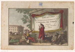 طباعة عنوان عليها مصارع ثيران وجلد ثور Coleccion de las Principales suertes de una corrida de toros (عنوان السلسلة على الكائن) مجموعة من أهم المناورات في مصارعة الثيران (عنوان المسلسل)