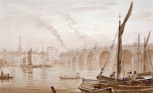 منظر لجسر بلاكفريارز من شاطئ ساري ، مع قوارب في المقدمة ، لندن ، c1825