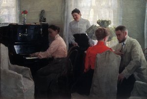 المتظاهر (شاب يغازل تحت إشراف مرافقة اثنين ، إحداهما تعزف على البيانو) (مكنسة) - رسم لوكيان فاسيليفيتش بوبوف (1873-1914) ، زيت على قماش (54 × 80 سم) بواسطة لوكجان فاسيليفيتش بوبوف