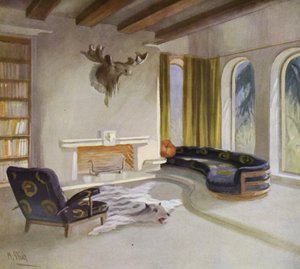 1930s interiors: Smoking room in a country house (colour litho) بواسطة م. توروس