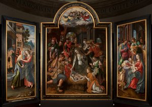 Adoration of the Magi, Triptych, Central panel, detail, painting on wood بواسطة مارتن دي فوس
