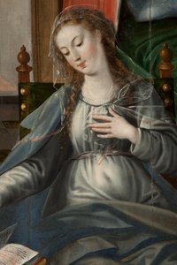 عشق المجوس ، بالثلاثي ، الجزء الخلفي من اللوحة اليمنى ، التفاصيل ، الرسم على الخشب بواسطة مارتن دي فوس