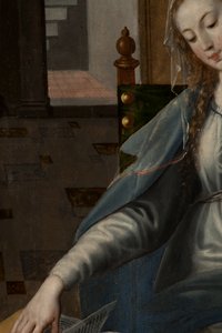 عشق المجوس ، بالثلاثي ، الجزء الخلفي من اللوحة اليمنى ، التفاصيل ، الرسم على الخشب بواسطة مارتن دي فوس