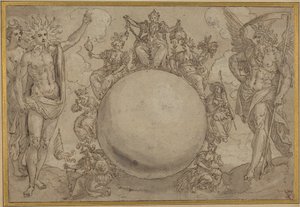 أبوللو وديانا والزمن مع التقلبات الدورية للحياة البشرية، حوالي عام 1561 (قلم وحبر بني مع غسيل رمادي على آثار من الجرافيت، محفور للنقل على ورق مسطح)