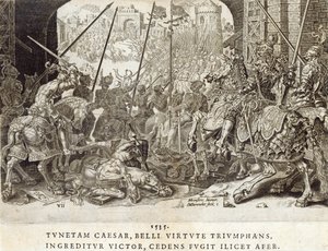 غزو تونس عام 1535 ، اللوحة 7 من "الإنجازات العسكرية للإمبراطور تشارلز الخامس" ، التي نقشها ديرك فولكرتز كورنهيرت (1522-90) ، 1555 (النقش والحفر)