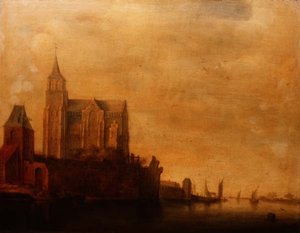 Groote Kerk مع إطلالة على البرج الرئيسي ، Emmerich في منظر طبيعي للنهر مع قوارب الإبحار بواسطة Maerten Fransz van der Hulst