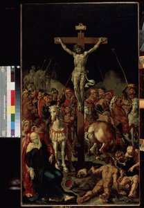 "الجلجثة" (الجلجثة) الصلب. نقش "INRI" على الصليب. اللوحة المركزية للثلاثي. لوحة لمارتن فان هيمسكيرك (مارتين هيمسكيرك فان فين) (مارتين ، مارتن) (1498-1574) 1545-1550 Dim. 100.7x58.3 cm متحف هيرميتاج ، سين بواسطة ميرتن فان هيمسكرك