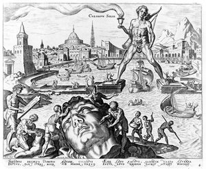 تمثال رودس الضخم ، اللوحة 4 من عجائب الدنيا الثمانية ، engr. فيليبس جالي ، 1572 بواسطة ميرتن فان هيمسكرك