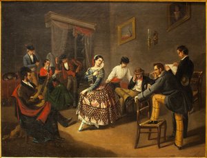راقصة في غرفة المعيشة. لوحة لمانويل كابرال بيجارانو (1827-1891) ، زيت على قماش