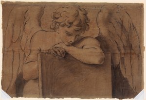 جزء من الرسوم المتحركة لملاك مراهق متكئ على جهاز لوحي أو كتاب مغلق ، كاليفورنيا. 1690-95.
