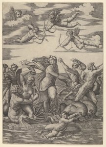 Galatea واقفا في عربة مائية يسحبها دلافين ، محاطين tritons ، nere ... ، 1515-16. بواسطة ماركانتونيو رايموندي