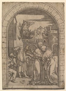 يواكيم يعانق القديسة آن تحت البوابة الذهبية في القدس ، بعد دورر ، كاليفورنيا. 1500-1534. بواسطة ماركانتونيو رايموندي