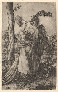 لورد وسيدة يمشيان مع شخصية الموت يختبئون خلف شجرة ، يمسكون بساعة ... ، كاليفورنيا. 1500-1534. بواسطة ماركانتونيو رايموندي