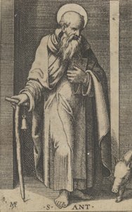 القديس انطونيوس عصا في يده اليمنى من مسلسل 'Piccoli Santi' Small ...، ca. 1500-1527. بواسطة ماركانتونيو رايموندي
