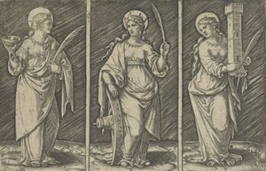 يسار القديسة باربرا ، سانت كاترين ، الوسط ، سانت لوسي على اليمين ، كاليفورنيا. 1500-1527. ، كاليفورنيا. 1500-1527. بواسطة ماركانتونيو رايموندي