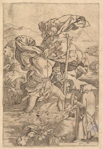القديس كريستوفر يعبر النهر مع المسيح على شكل مجسم على شده ... ، كاليفورنيا. 1500-1534. بواسطة ماركانتونيو رايموندي