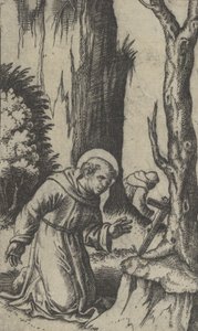 القديس فرنسيس الأسيزي يصلي قبل الصليب ، من سلسلة 'Piccoli Santi ...، ca. 1500-1527. بواسطة ماركانتونيو رايموندي
