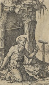 القديس جيروم راكعًا أمام الصليب ، من سلسلة 'Piccoli Santi' Small S ...، ca. 1500-1527. بواسطة ماركانتونيو رايموندي